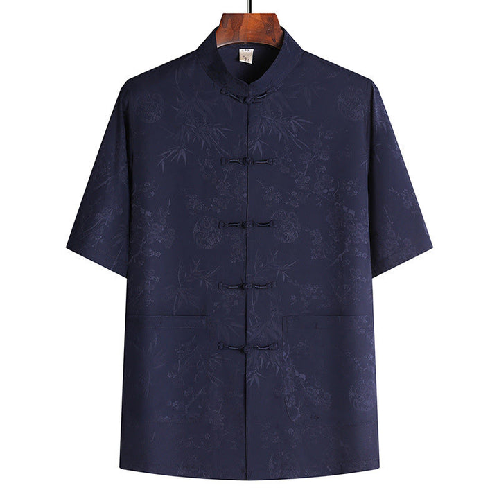 Buddha Stones Bamboo Peach Blossom Tang Suit Hanfu Traditional Uniform Short Sleeve Top Pants Clothing Men's Set - Navy Blue Top - US/UK/AU42，EU52 (3XL) - image 7