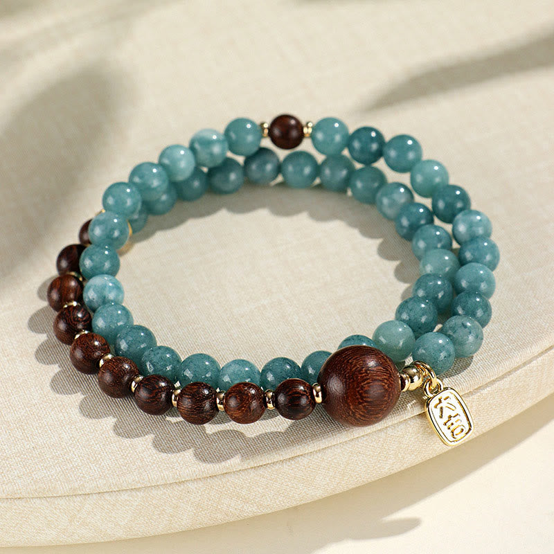 Buddha Stones Blue Chalcedony Green Sandalwood Small Leaf Red Sandalwood Double Wrap Emotional Balance Bracelet