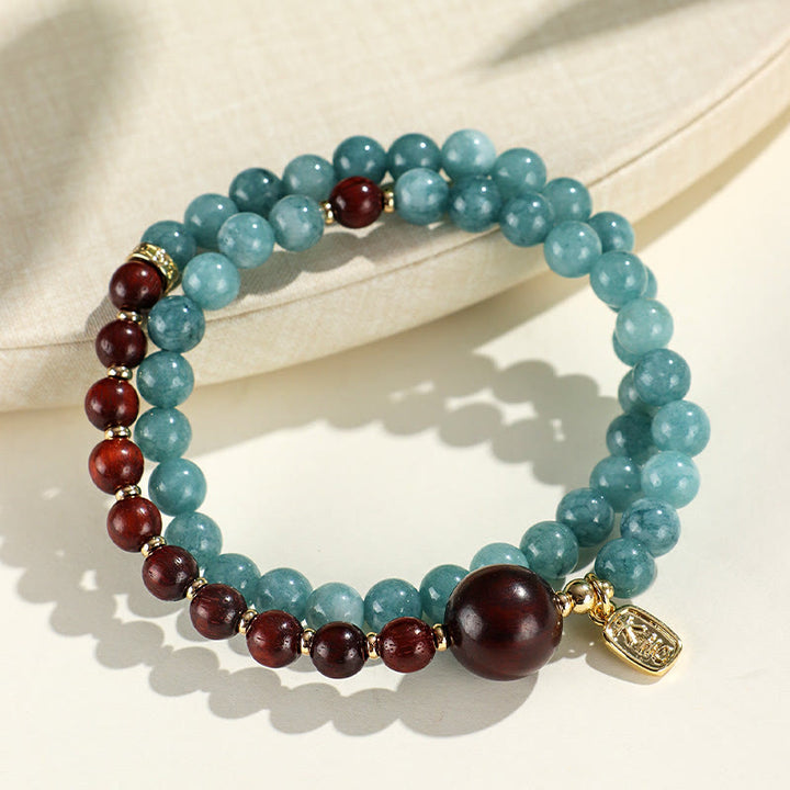 Buddha Stones Blue Chalcedony Green Sandalwood Small Leaf Red Sandalwood Double Wrap Emotional Balance Bracelet