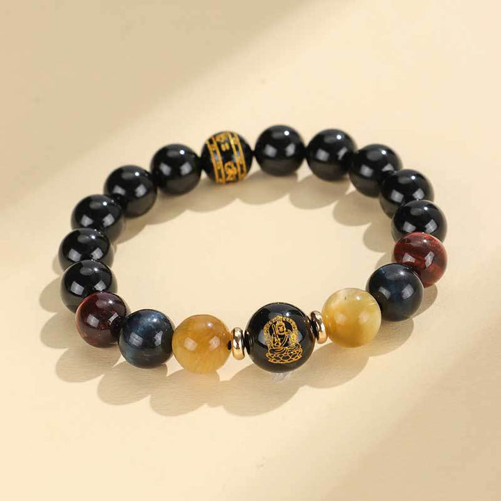 Buddha Stones Black Onyx Tiger Eye Om Mani Padme Hum Chinese Zodiac Natal Buddha Support Bracelet