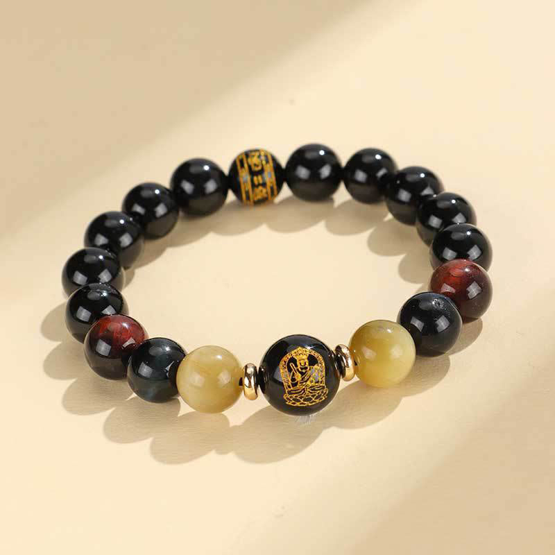 Buddha Stones Black Onyx Tiger Eye Om Mani Padme Hum Chinese Zodiac Natal Buddha Support Bracelet