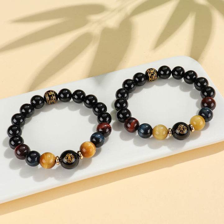 Buddha Stones Black Onyx Tiger Eye Om Mani Padme Hum Chinese Zodiac Natal Buddha Support Bracelet