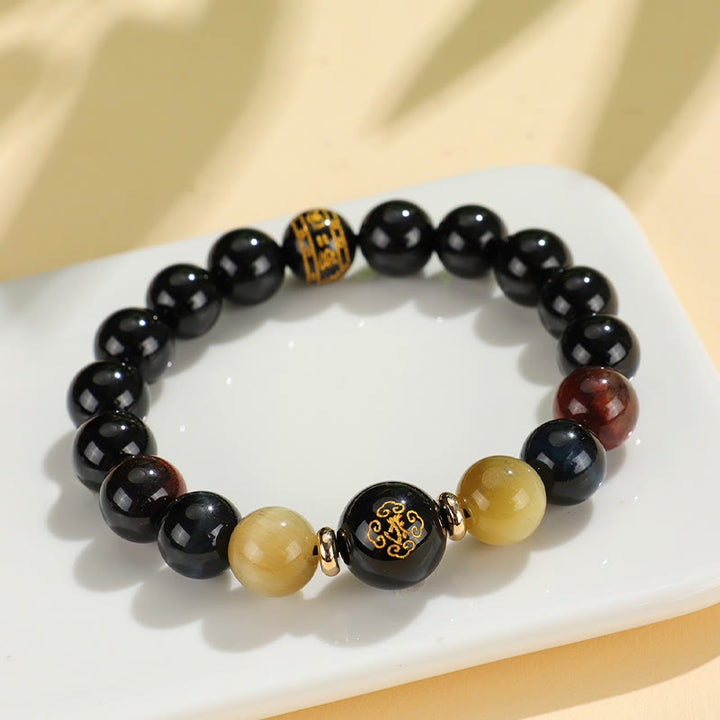 Buddha Stones Black Onyx Tiger Eye Om Mani Padme Hum Chinese Zodiac Natal Buddha Support Bracelet