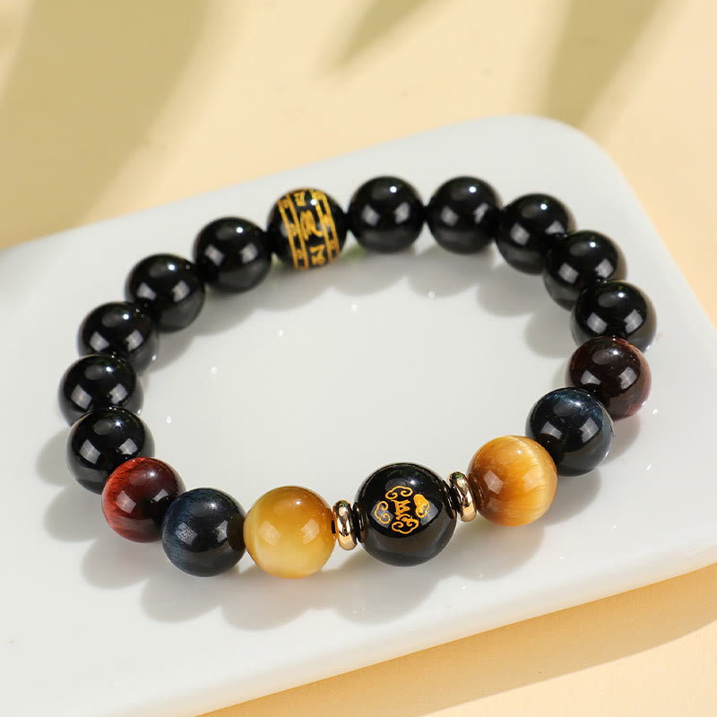 Buddha Stones Black Onyx Tiger Eye Om Mani Padme Hum Chinese Zodiac Natal Buddha Support Bracelet