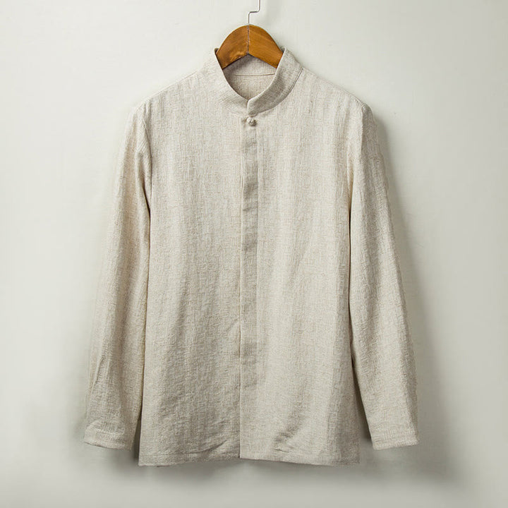 Buddha Stones Fall Solid Long Sleeve Button Shirt Cotton Linen Men Clothing - Linen - US/UK/AU44，EU54 (4XL) - image 0