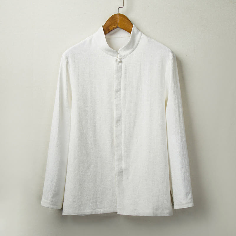 Buddha Stones Fall Solid Long Sleeve Button Shirt Cotton Linen Men Clothing - White - US/UK/AU44，EU54 (4XL) - image 2