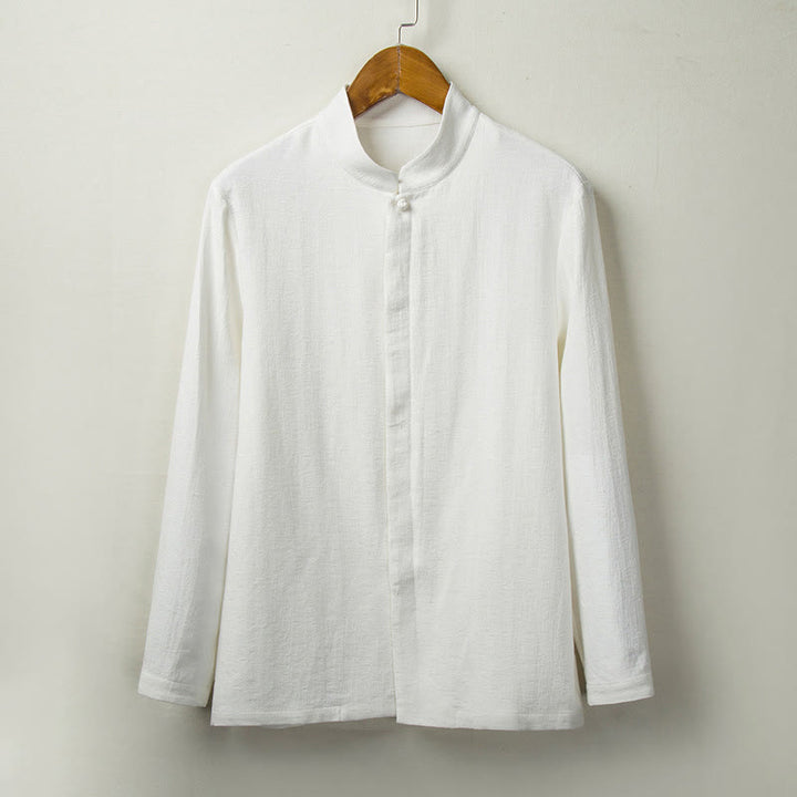 Buddha Stones Fall Solid Long Sleeve Button Shirt Cotton Linen Men Clothing - White - US/UK/AU44，EU54 (4XL) - image 2