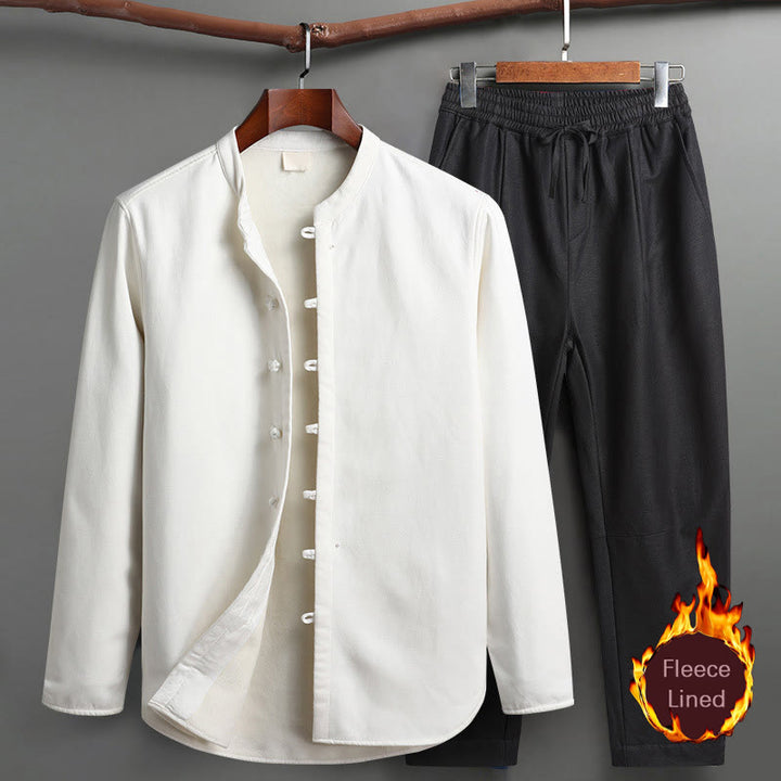 Buddha Stones Solid Tang Suit Traditional Fleece Lined Uniform Long Sleeve Top Pants Men's Set - White - Top&Pants - US/UK/AU46，EU56 (5XL) - image 17
