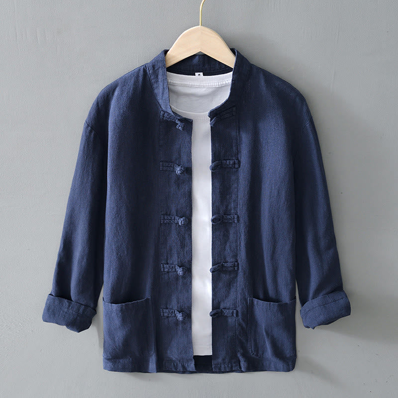 Buddha Stones Frog-Button Chinese Tang Suit Cotton Linen Men Shirt With Pockets - SteelBlue - US/UK/AU50，EU60 (5XL) - image 28