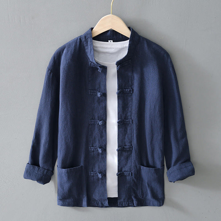 Buddha Stones Frog-Button Chinese Tang Suit Cotton Linen Men Shirt With Pockets - SteelBlue - US/UK/AU50，EU60 (5XL) - image 29