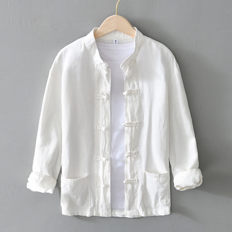 Buddha Stones Frog-Button Chinese Tang Suit Cotton Linen Men Shirt With Pockets - White - US/UK/AU50，EU60 (5XL) - image 7