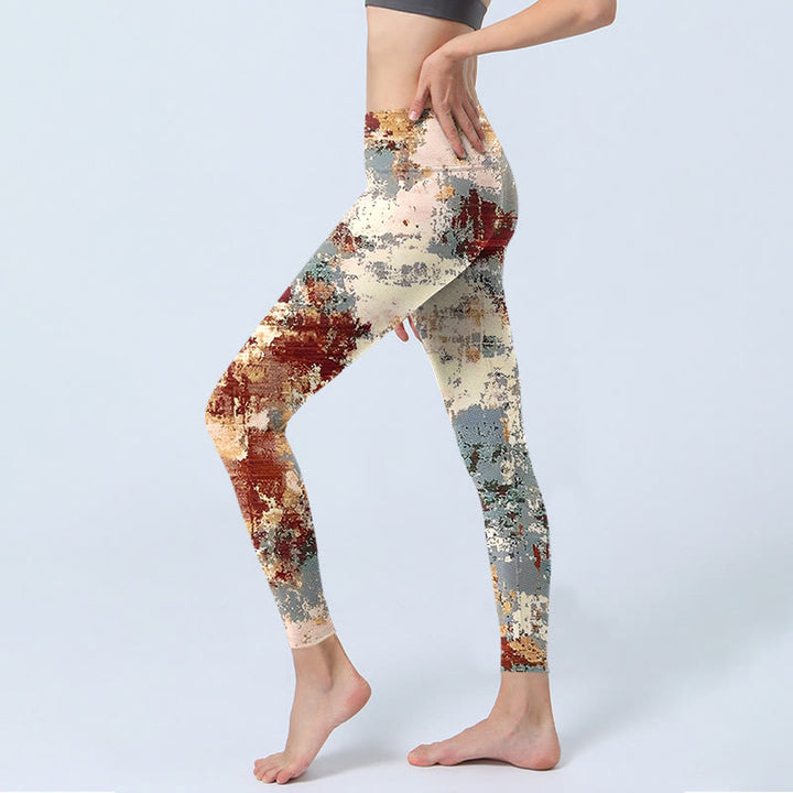 Buddha Stones Beige Red Grey Abstract Design Print Exercise Leggings Women's Yoga Pants