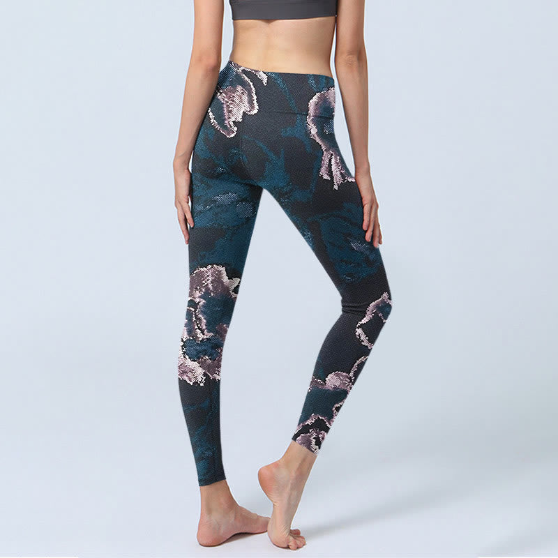 Buddha Stones SteelBlue Silver Flowers Print Exercise Leggings Women's Yoga Pants - image 5