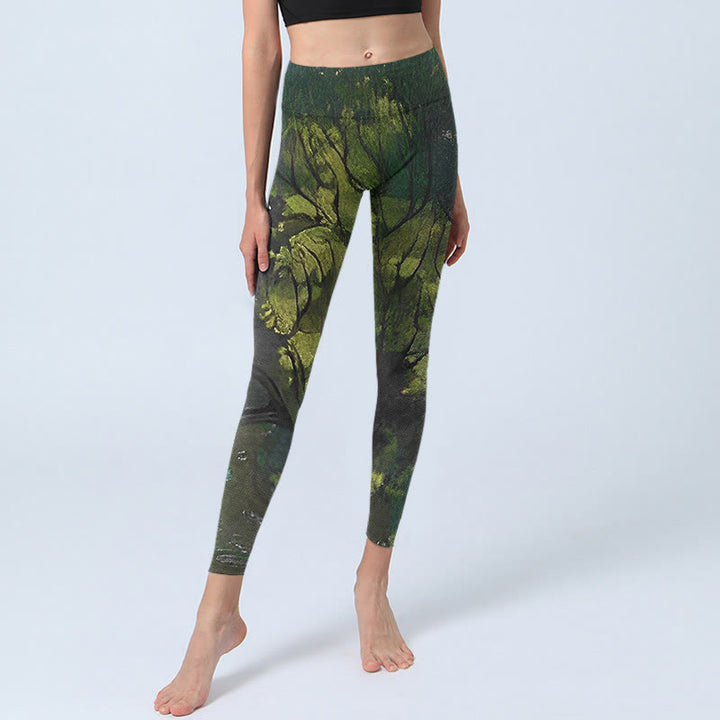 Buddha Stones ForestGreen Leaves Black Lines Print Exercise Leggings Women's Yoga Pants - image 6