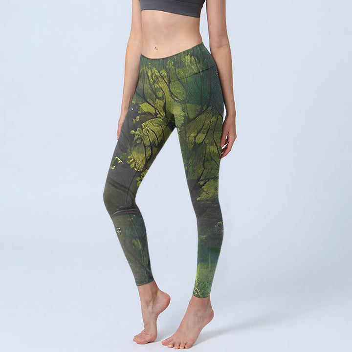Buddha Stones ForestGreen Leaves Black Lines Print Exercise Leggings Women's Yoga Pants - ForestGreen - US18，UK/AU22，EU50 (4XL) - image 1