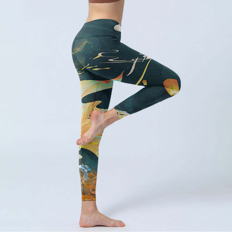 Buddha Stones Dark Slate Gray Double Koi Fish Sky Lantern Tower Exercise Leggings Women's Yoga Pants - image 3