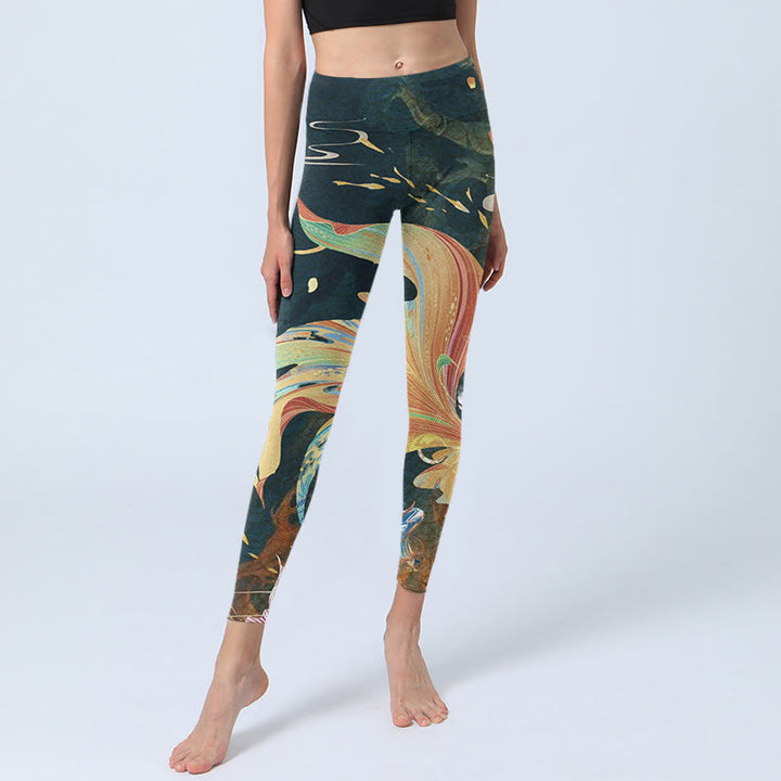 Buddha Stones Dark Slate Gray Double Koi Fish Sky Lantern Tower Exercise Leggings Women's Yoga Pants