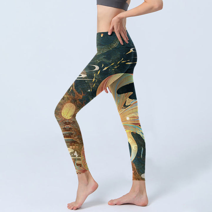 Buddha Stones Dark Slate Gray Double Koi Fish Sky Lantern Tower Exercise Leggings Women's Yoga Pants - image 2
