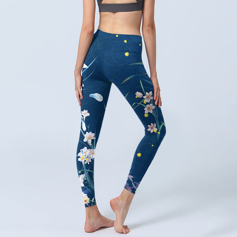 Buddha Stones SteelBlue Small White Flowers Butterfly Exercise Leggings Women's Yoga Pants - image 4