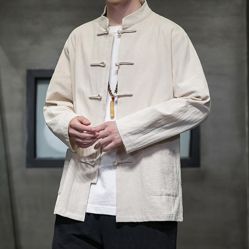 Buddha Stones Simple Frog-Button Chinese Tang Suit Cotton Men Jacket Shirt With Pockets - image 9