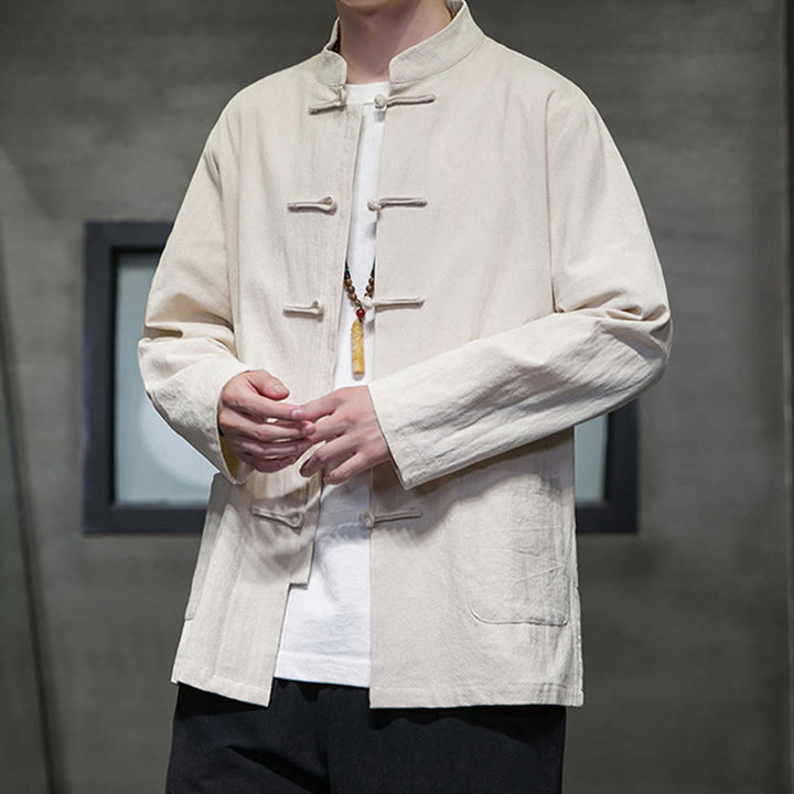 Buddha Stones Simple Frog-Button Chinese Tang Suit Cotton Men Jacket Shirt With Pockets - image 9