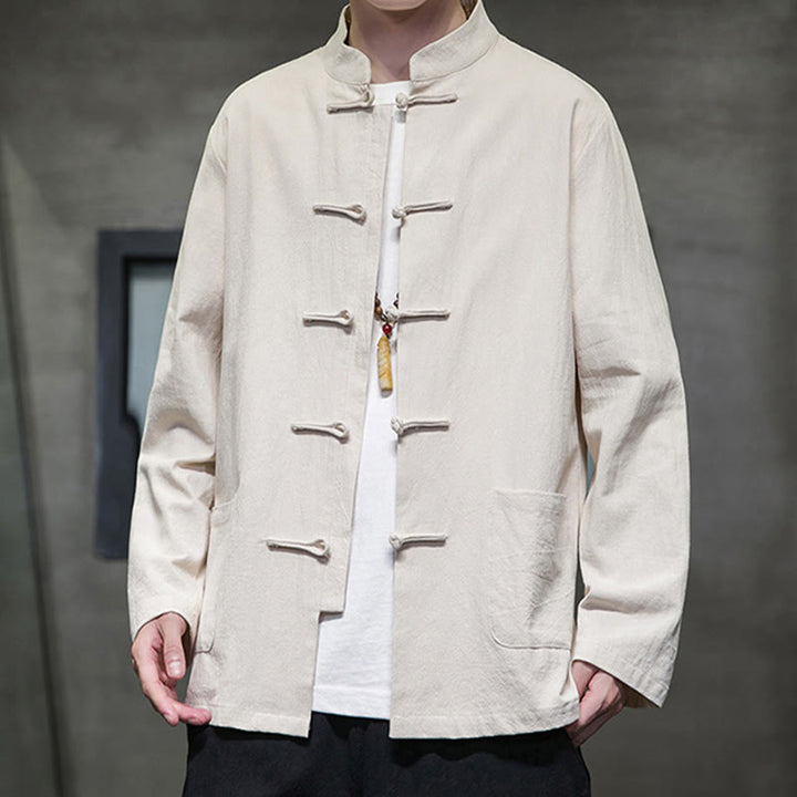 Buddha Stones Simple Frog-Button Chinese Tang Suit Cotton Men Jacket Shirt With Pockets - image 10