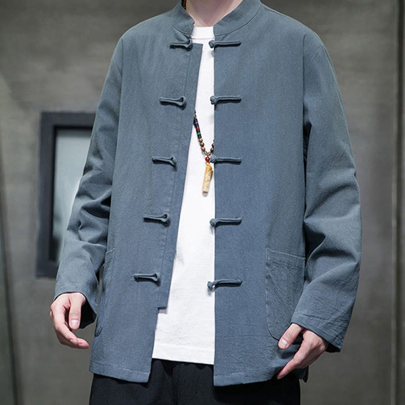 Buddha Stones Simple Frog-Button Chinese Tang Suit Cotton Men Jacket Shirt With Pockets - image 13