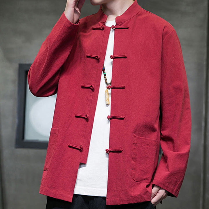 Buddha Stones Simple Frog-Button Chinese Tang Suit Cotton Men Jacket Shirt With Pockets - image 39