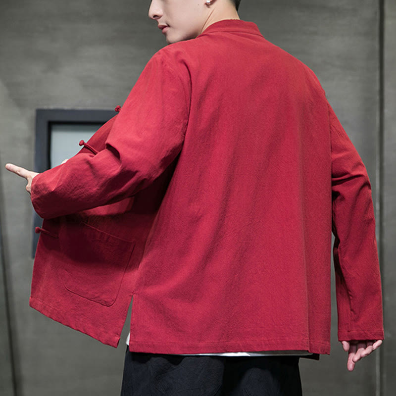 Buddha Stones Simple Frog-Button Chinese Tang Suit Cotton Men Jacket Shirt With Pockets - image 38