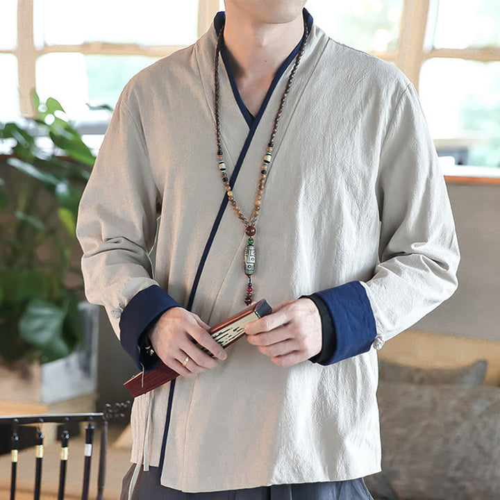 Buddha Stones Fall Colorblock Long Sleeve Shirt Linen Lace-up Men Clothing - FloralWhite - US/UK/AU46，EU56 (5XL) - image 10