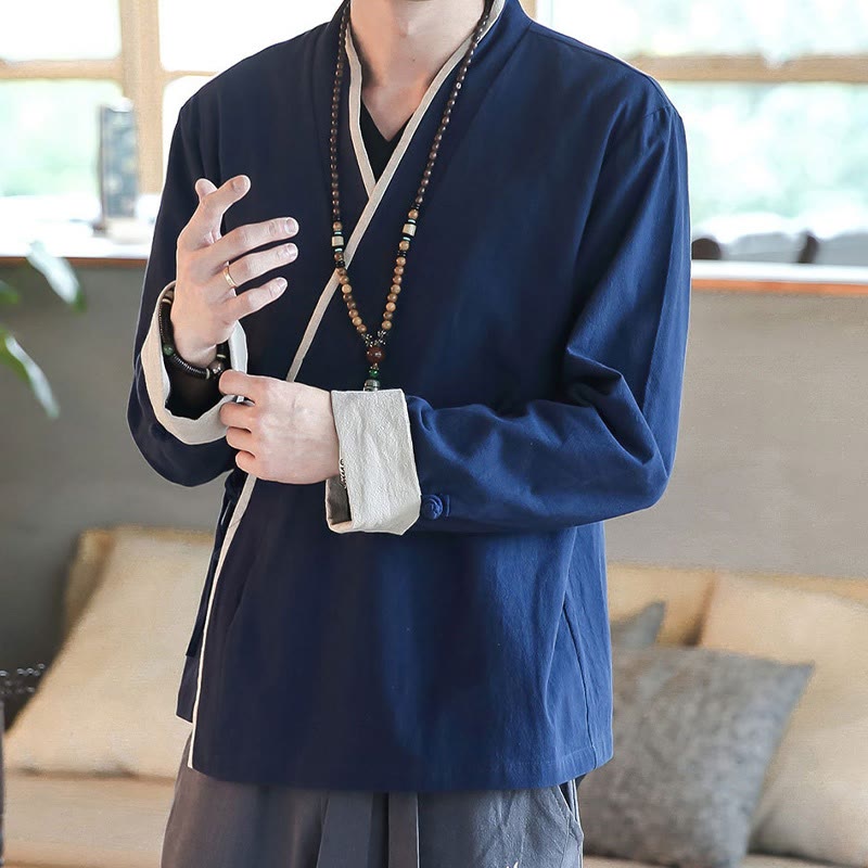 Buddha Stones Fall Colorblock Long Sleeve Shirt Linen Lace-up Men Clothing - image 2