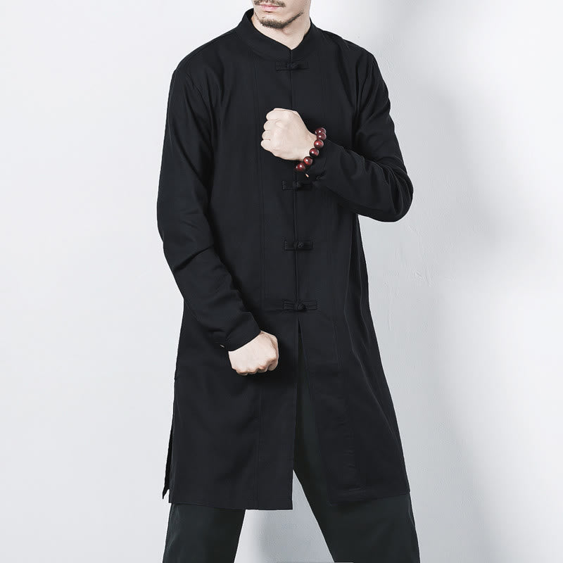 Buddha Stones Fall Simple Frog-Button Linen Men's Mid-length Coat Zen Clothing - Black - US/UK/AU46，EU56 (5XL) - image 16