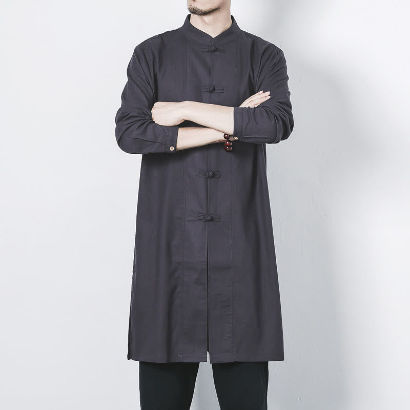 Buddha Stones Fall Simple Frog-Button Linen Men's Mid-length Coat Zen Clothing - image 26