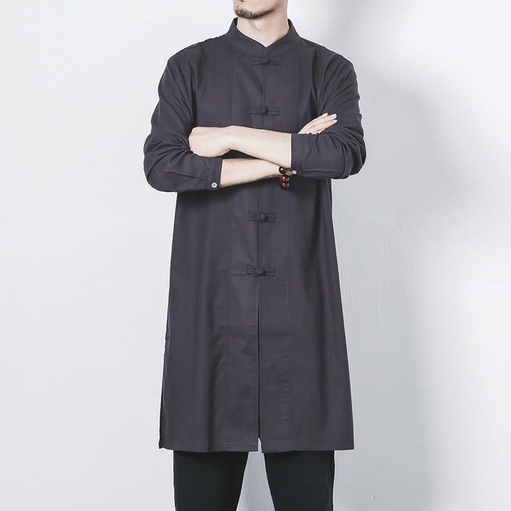 Buddha Stones Fall Simple Frog-Button Linen Men's Mid-length Coat Zen Clothing - image 26