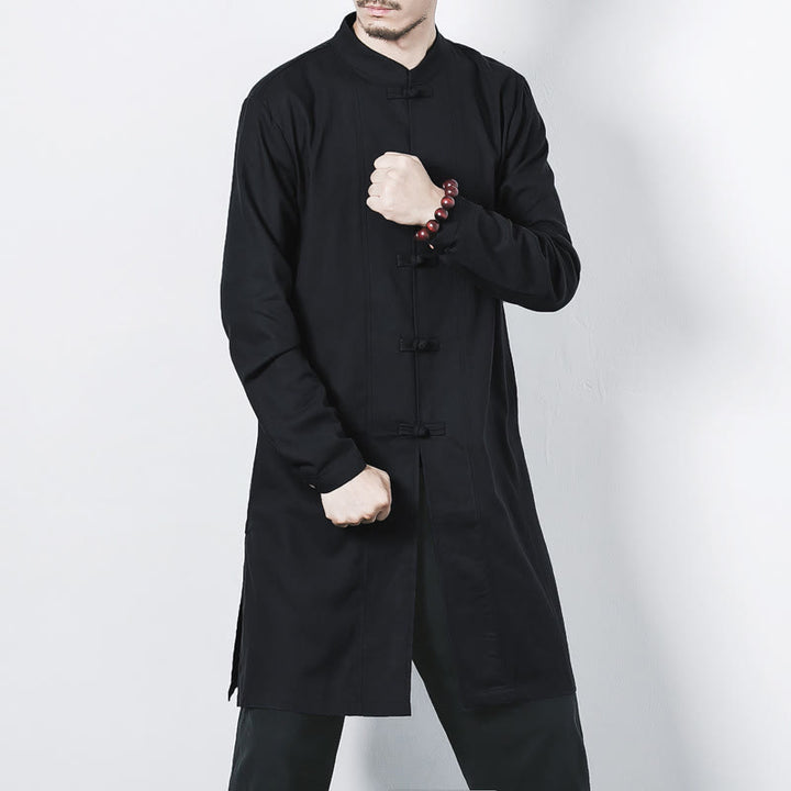 Buddha Stones Fall Simple Frog-Button Linen Men's Mid-length Coat Zen Clothing - Black - US/UK/AU46，EU56 (5XL) - image 16