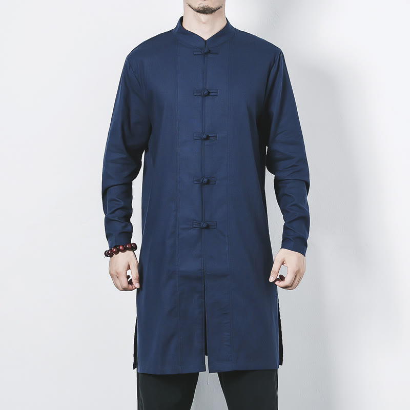 Buddha Stones Fall Simple Frog-Button Linen Men's Mid-length Coat Zen Clothing - image 1