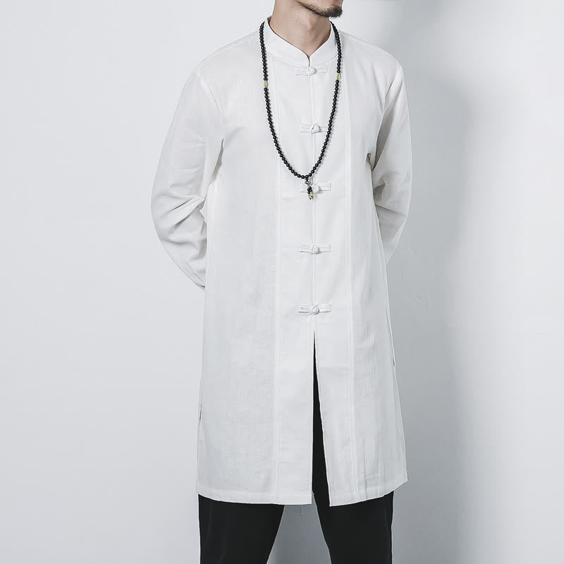 Buddha Stones Fall Simple Frog-Button Linen Men's Mid-length Coat Zen Clothing - image 15
