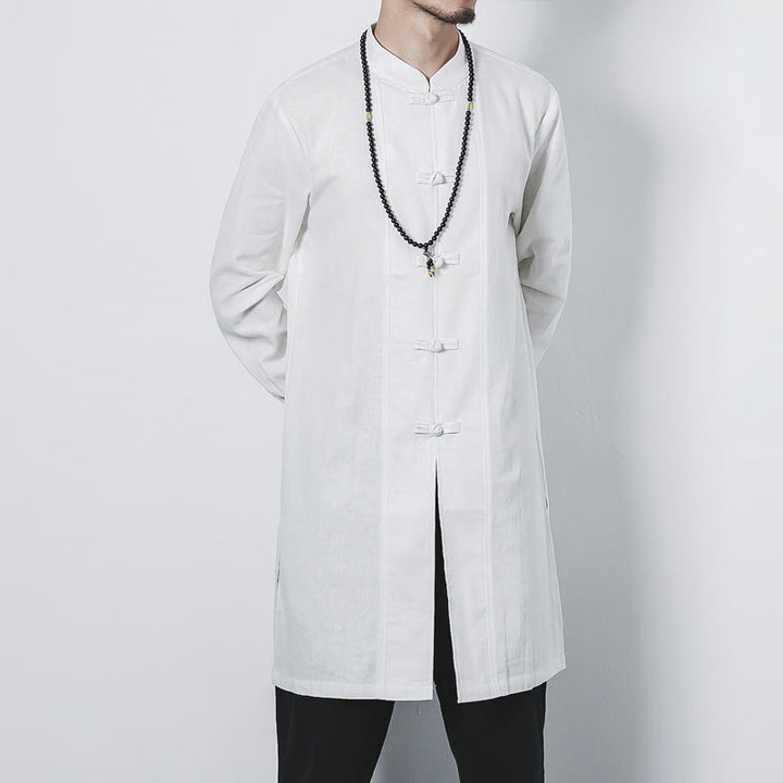 Buddha Stones Fall Simple Frog-Button Linen Men's Mid-length Coat Zen Clothing - image 15