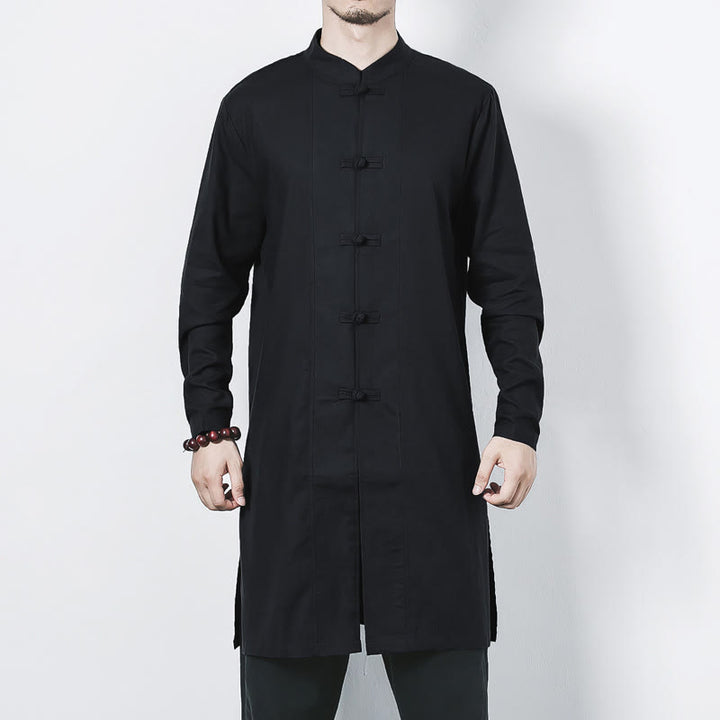 Buddha Stones Fall Simple Frog-Button Linen Men's Mid-length Coat Zen Clothing