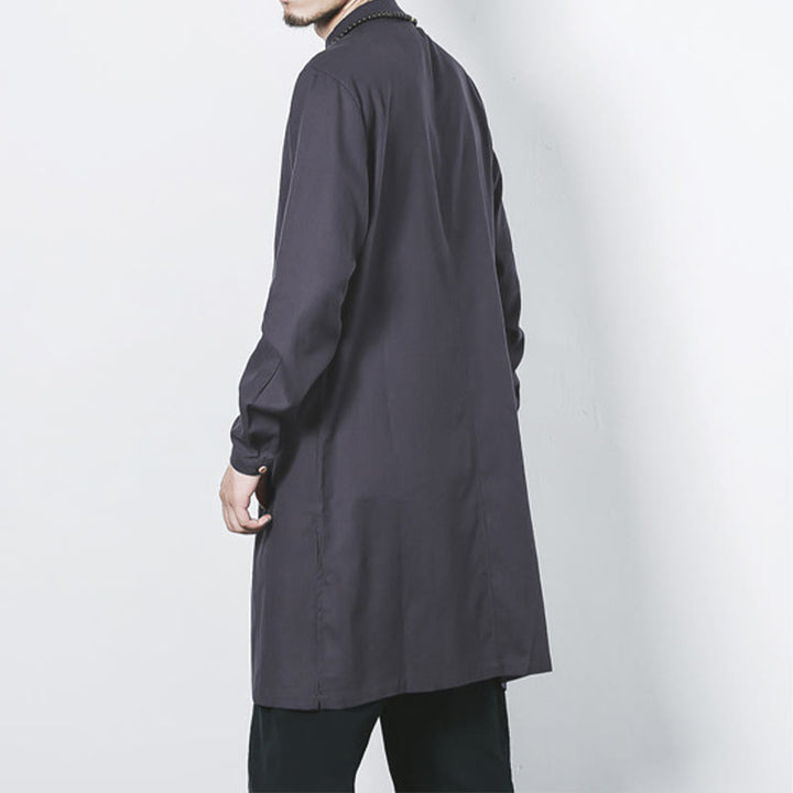 Buddha Stones Fall Simple Frog-Button Linen Men's Mid-length Coat Zen Clothing