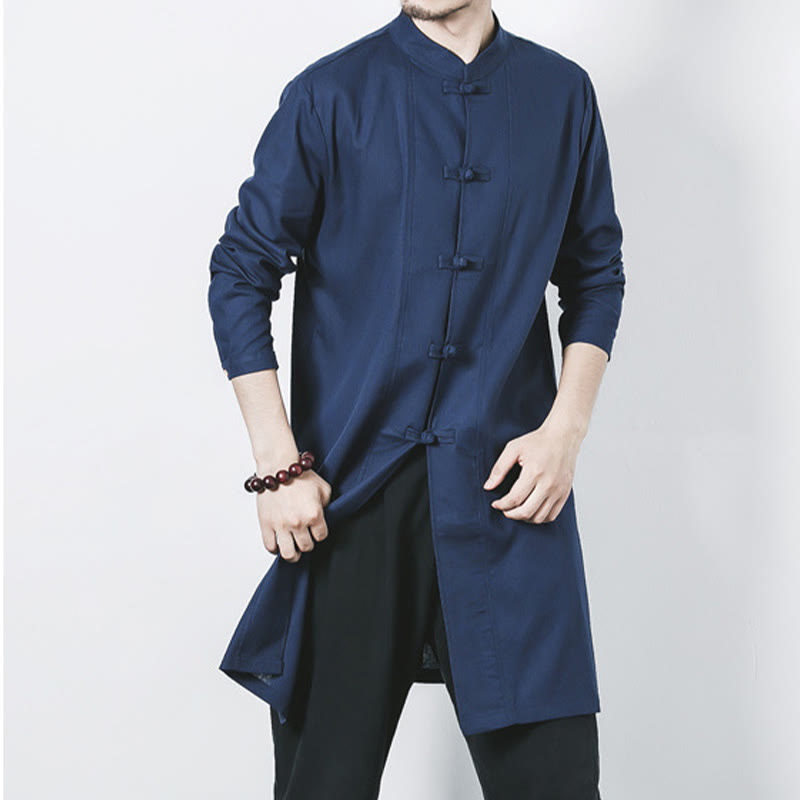 Buddha Stones Fall Simple Frog-Button Linen Men's Mid-length Coat Zen Clothing - image 2