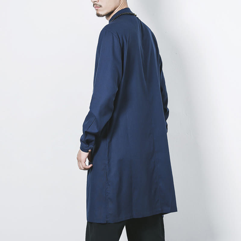 Buddha Stones Fall Simple Frog-Button Linen Men's Mid-length Coat Zen Clothing - image 3