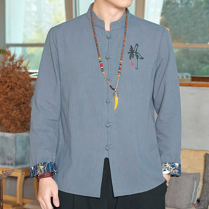 Buddha Stones Fall Solid Long Sleeve Frog-Button Shirt Linen Men Zen Clothing