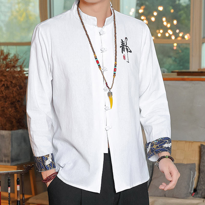 Buddha Stones Fall Solid Long Sleeve Frog-Button Shirt Linen Men Zen Clothing - image 1