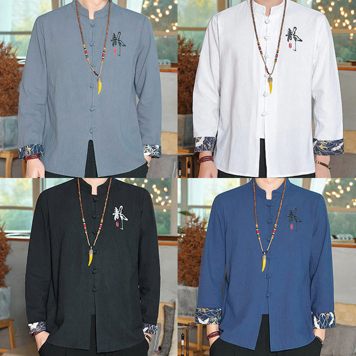 Buddha Stones Fall Solid Long Sleeve Frog-Button Shirt Linen Men Zen Clothing - image 29