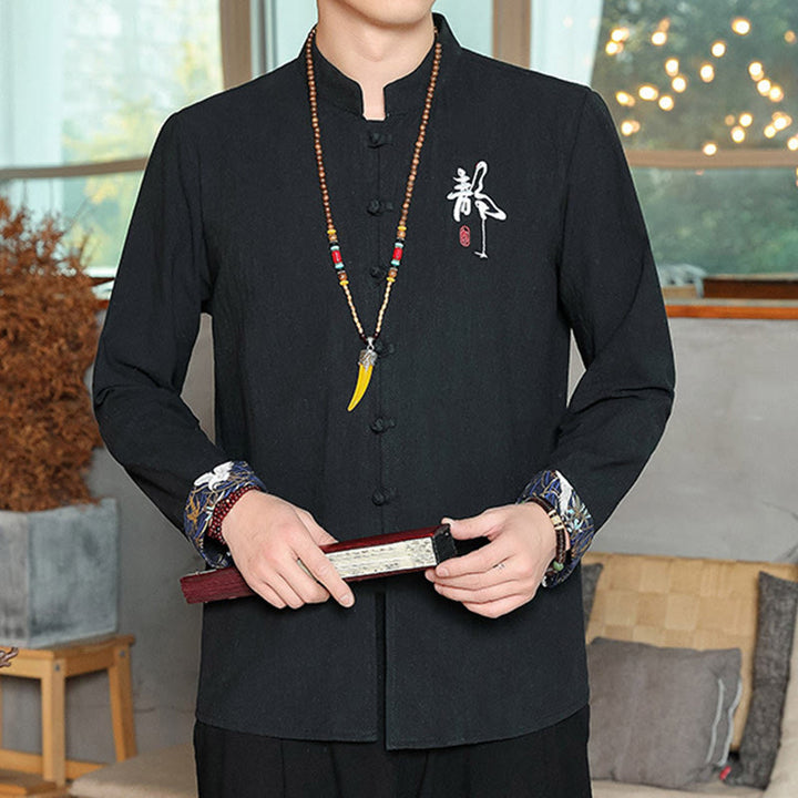 Buddha Stones Fall Solid Long Sleeve Frog-Button Shirt Linen Men Zen Clothing - image 17