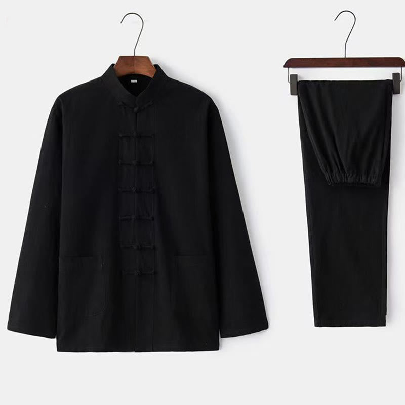 Buddha Stones 2Pcs Tang Suit Traditional Frog-Button Uniform Long Sleeve Shirt Pants Men's Set - Black - US/UK/AU44，EU54 (5XL) - image 3