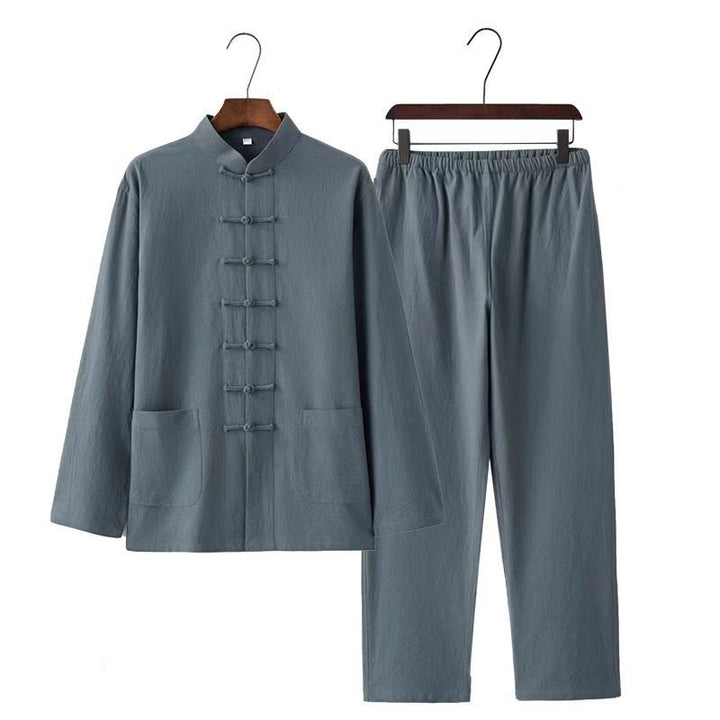 Buddha Stones 2Pcs Tang Suit Traditional Frog-Button Uniform Long Sleeve Shirt Pants Men's Set - image 12