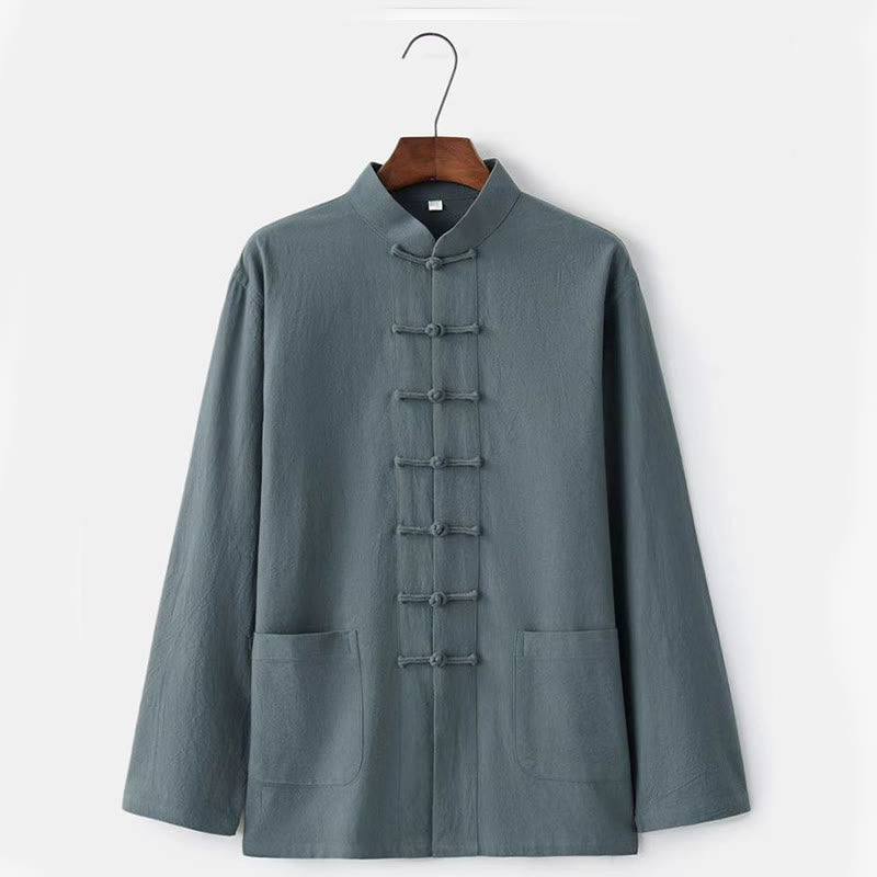 Buddha Stones 2Pcs Tang Suit Traditional Frog-Button Uniform Long Sleeve Shirt Pants Men's Set - image 8