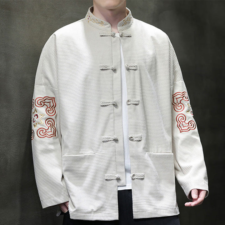 Buddha Stones Men's Frog-Button Tang Suit Corduroy Cotton Embroidery Long Jacket Shirt With Pockets